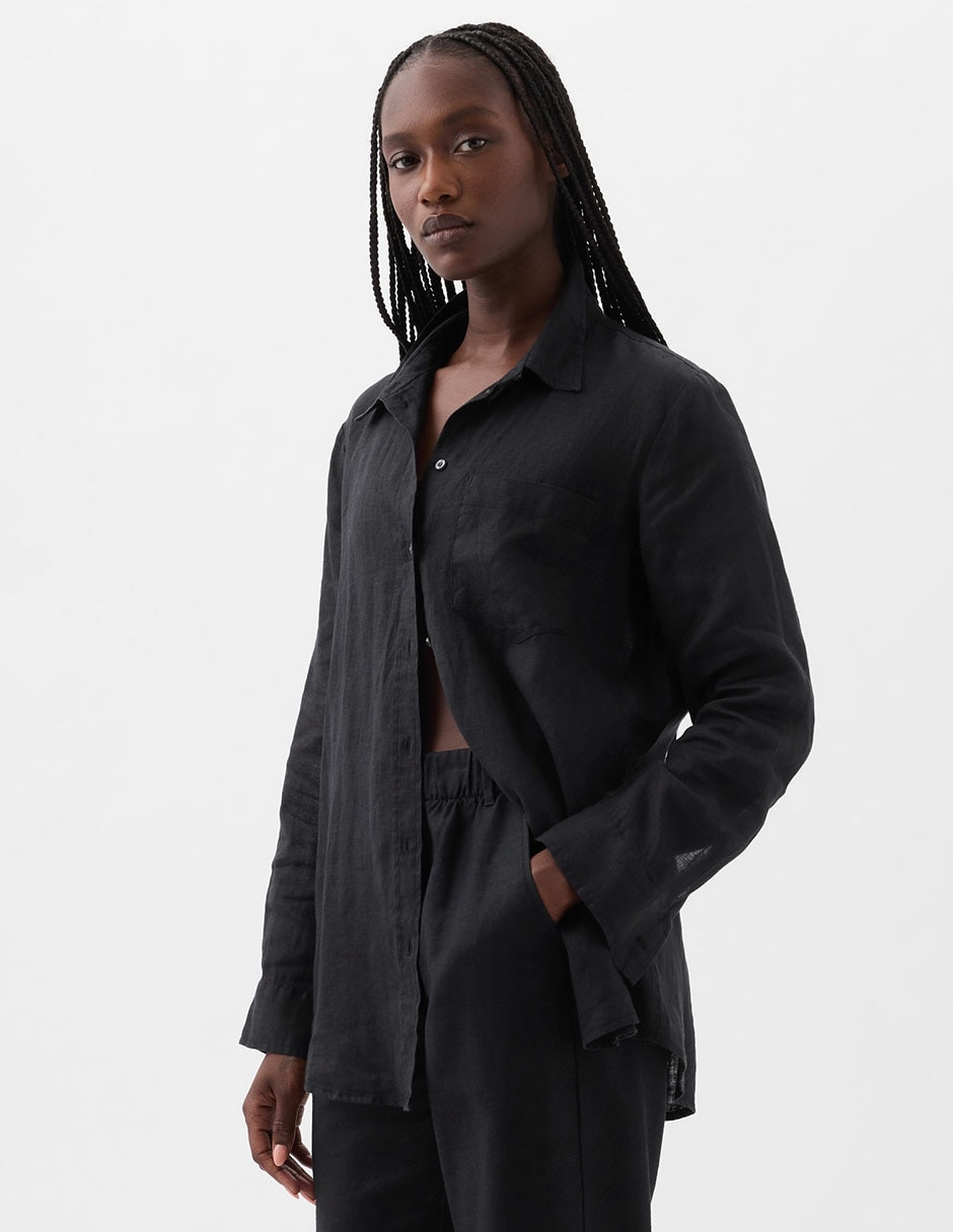 Lino Blusa Manga Larga Mujer Negra Blusa Vaquera Para Mujer