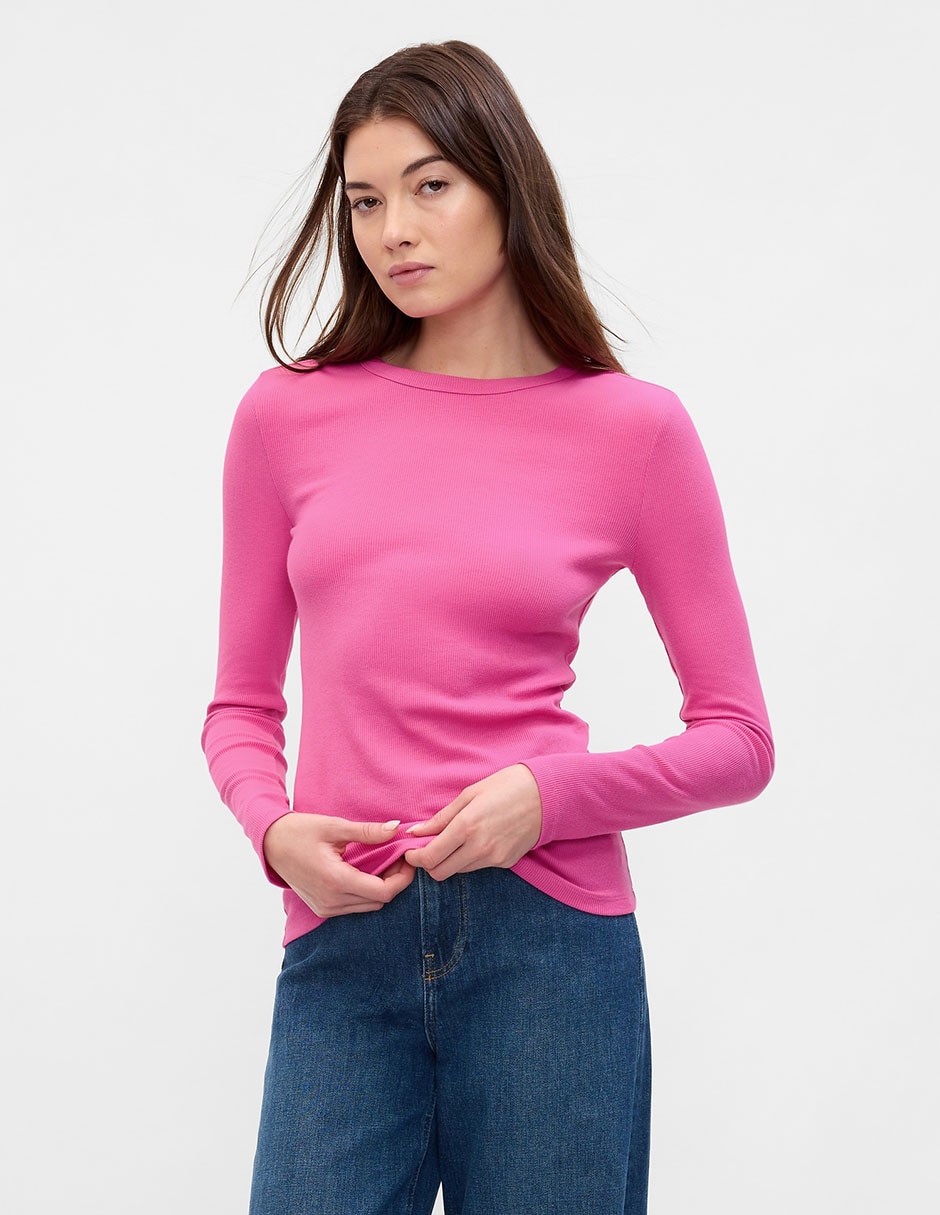 Playera maga larga cuello redondo para mujer 1