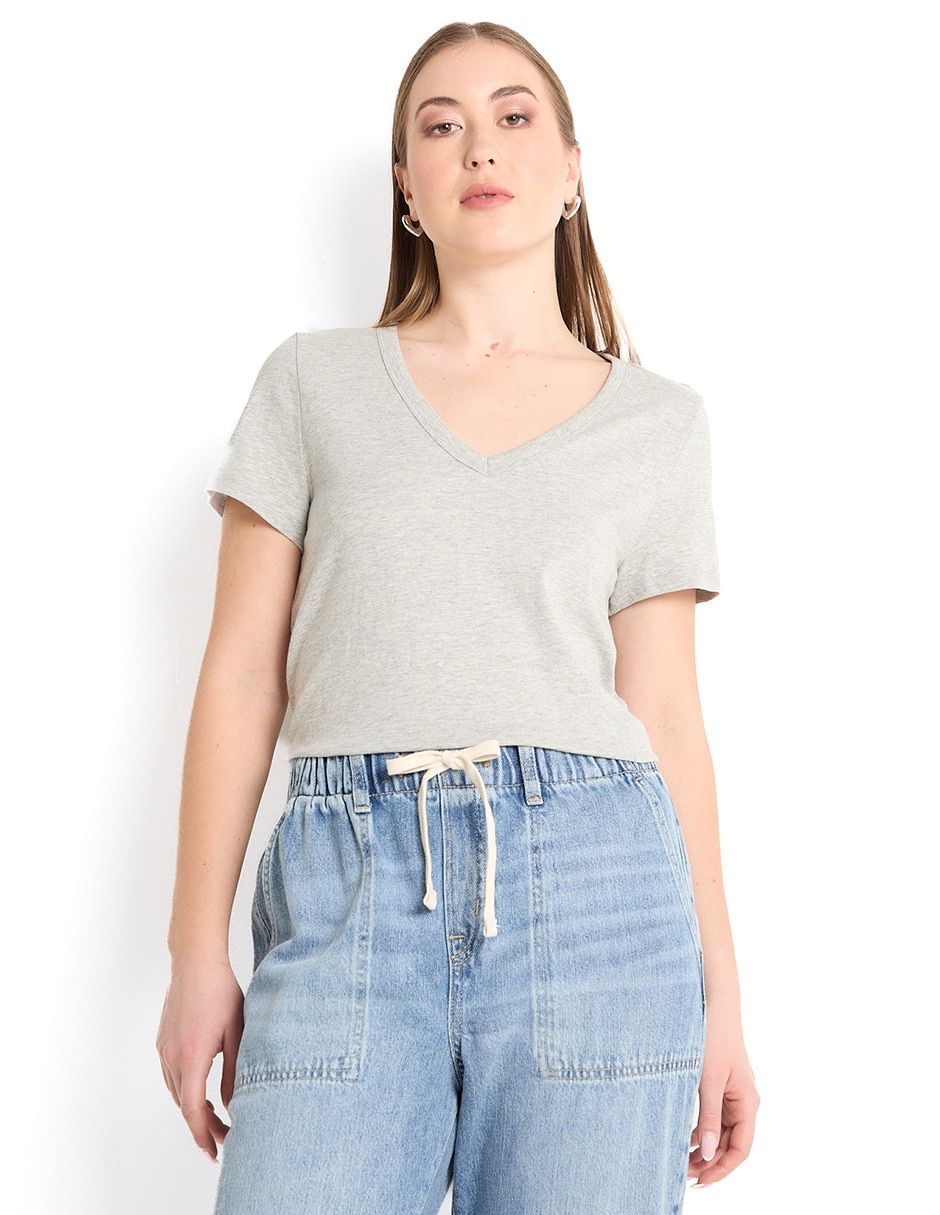 Playera manga corta cuello V para mujer
