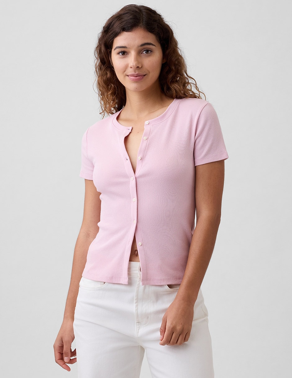 Playera manga corta cuello con botón para mujer